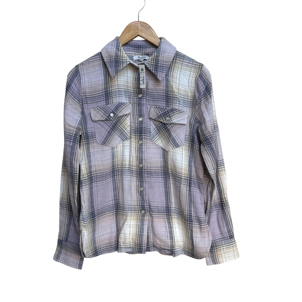NWT Madewell Women 2 Plaid Snap Front Flannel Shirt Purple NT651 Western Cotton